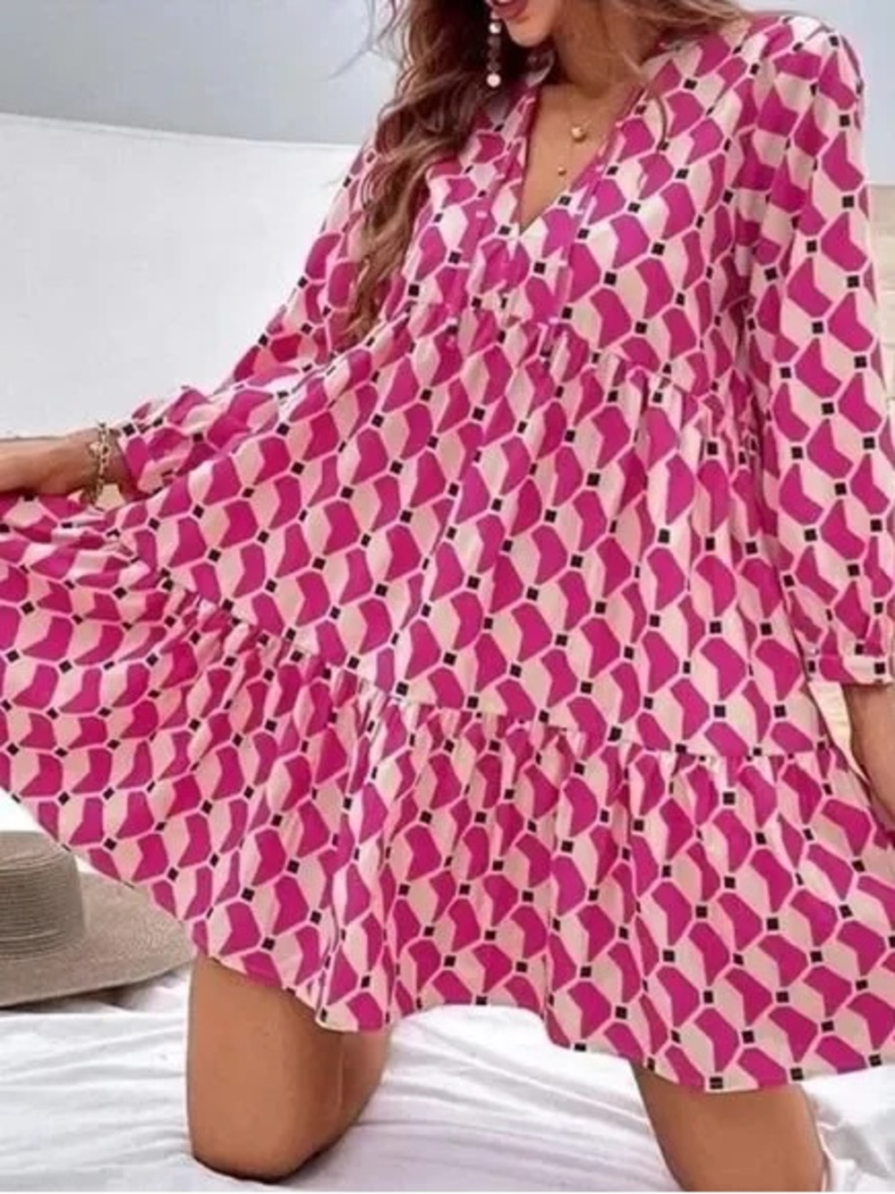 Zara Pink Geo Print Tiered Dress